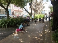 Participantes del taller dibujando con tiza en la Plaza de Bayamón